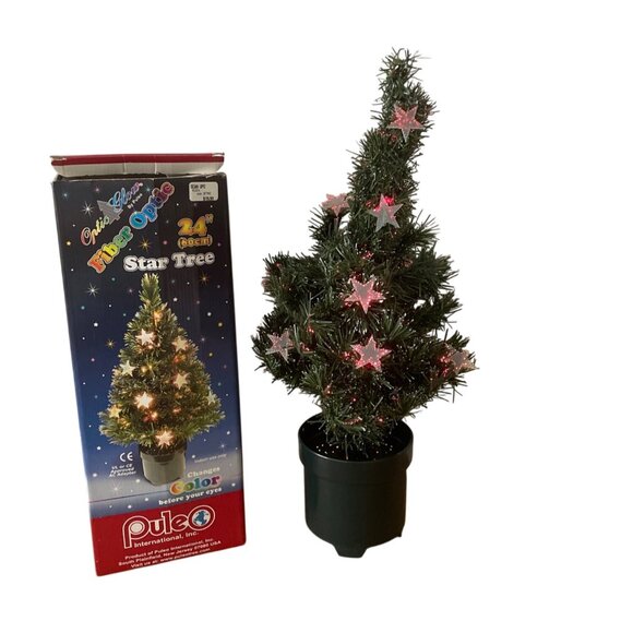 Vtg Puleo Optic Glow Fiber Optic Star Tree W/ Changing Color Lights 2 ft VIDEO - Picture 1 of 8